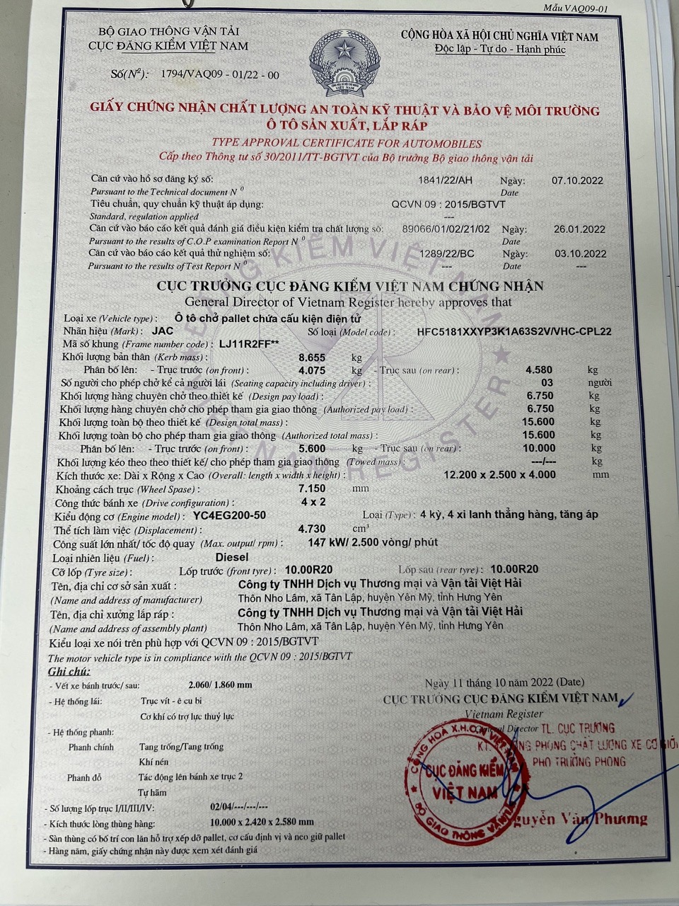 Jac A5 6750kg Tkpl 10m