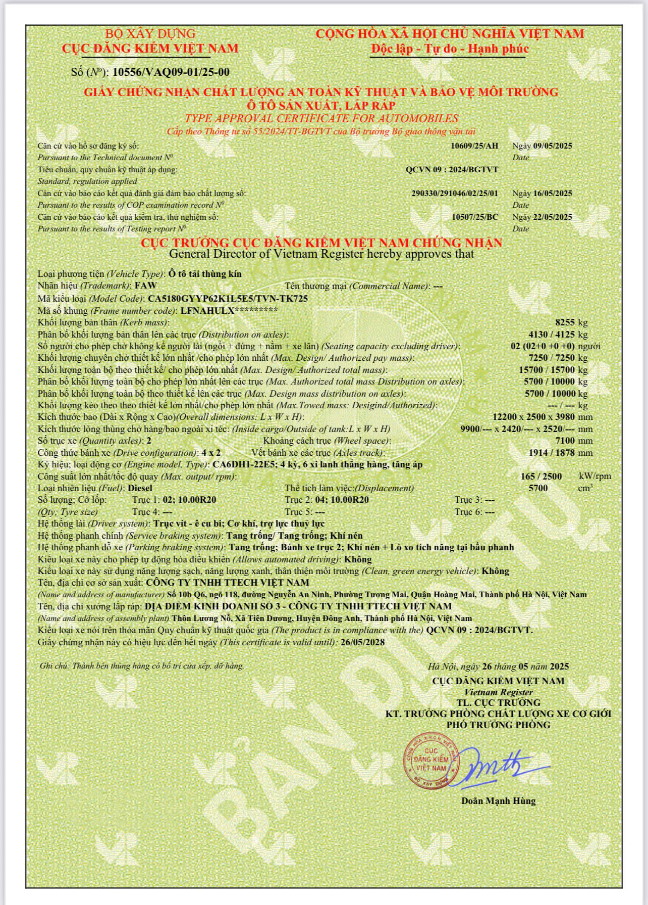 Faw 7250kg Tkctn 9m9 Cao 2m5